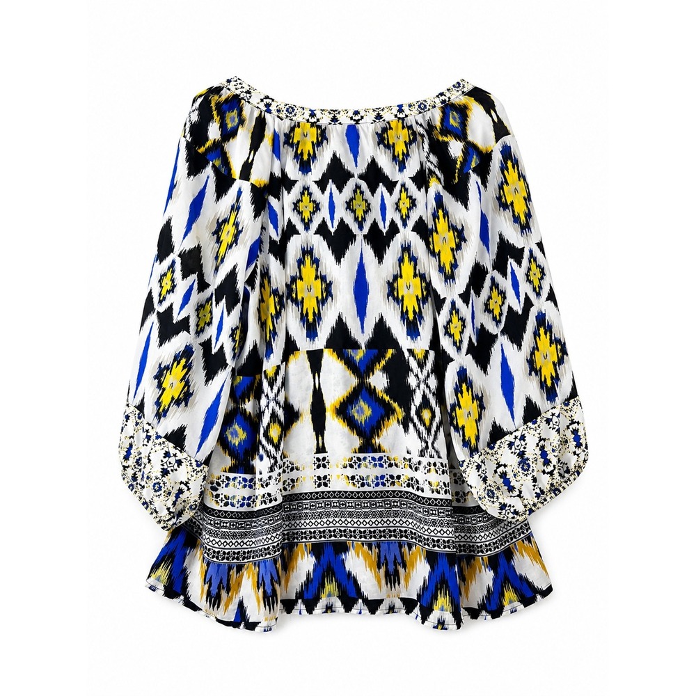 Fig and Flower Womens 2X Blue‎ Yellow Ikat Boho Geometric Button V-Neck Blouse